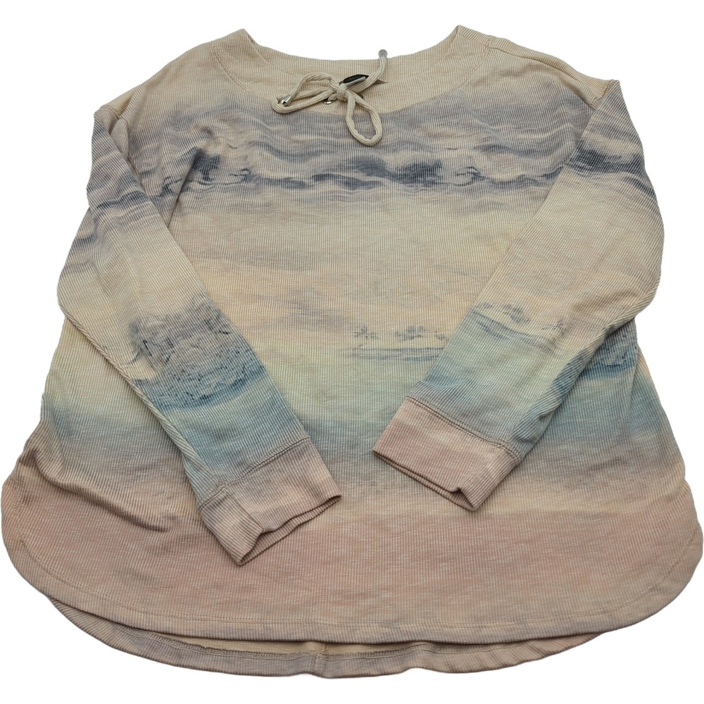 Christopher & Banks XL Thermal Top Beach Palm Trees Scenic Ribbed Knit Blue Tan